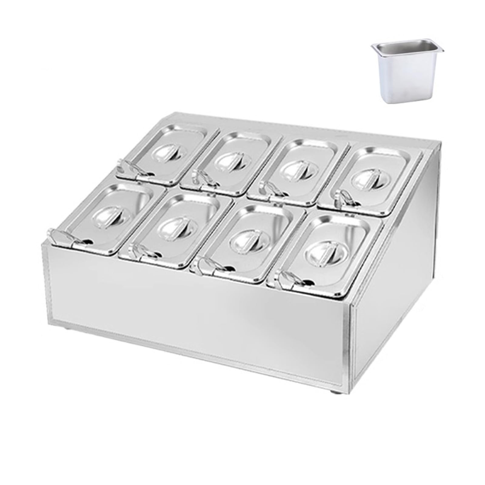 Stazione di versamento per pizza con padelle e coperchi, ripiano inclinato per piano in acciaio inox, portaspezie, condimento per insalata, marmellate, frutta, ingredienti, mensola, 45666
