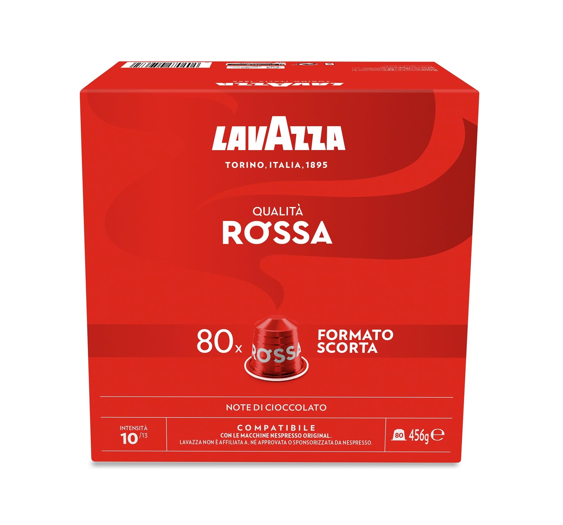 Lavazza, Qualità Rossa, 80 Aluminiumkapseln, kompatibel mit Nespresso* Original Maschinen, mit Noten von Schokolade und getrockneten Früchten, Arabica und Robusta, Intensität 10/13, mittlere Röstung