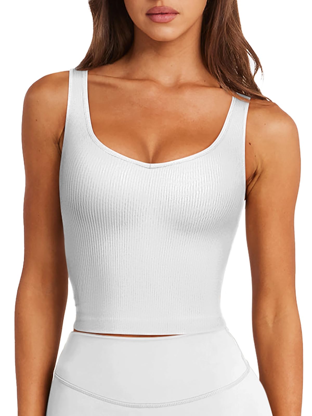 LASLULU Womens Longline Sports Bra Ribbed Seamless Wirefree Padded Tank Tops Medium Support Workout Casual Crop Tops