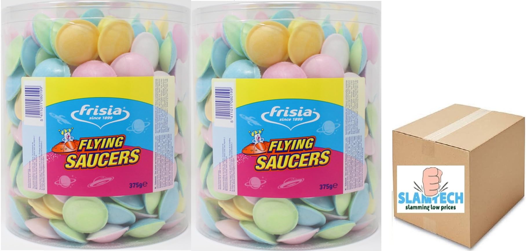 2 TUBS OF FRISIA FLYING SAUCERS TUB OF UFO SWEETS CHILDREN’S PARTY 375g BOXED SLAMTECH