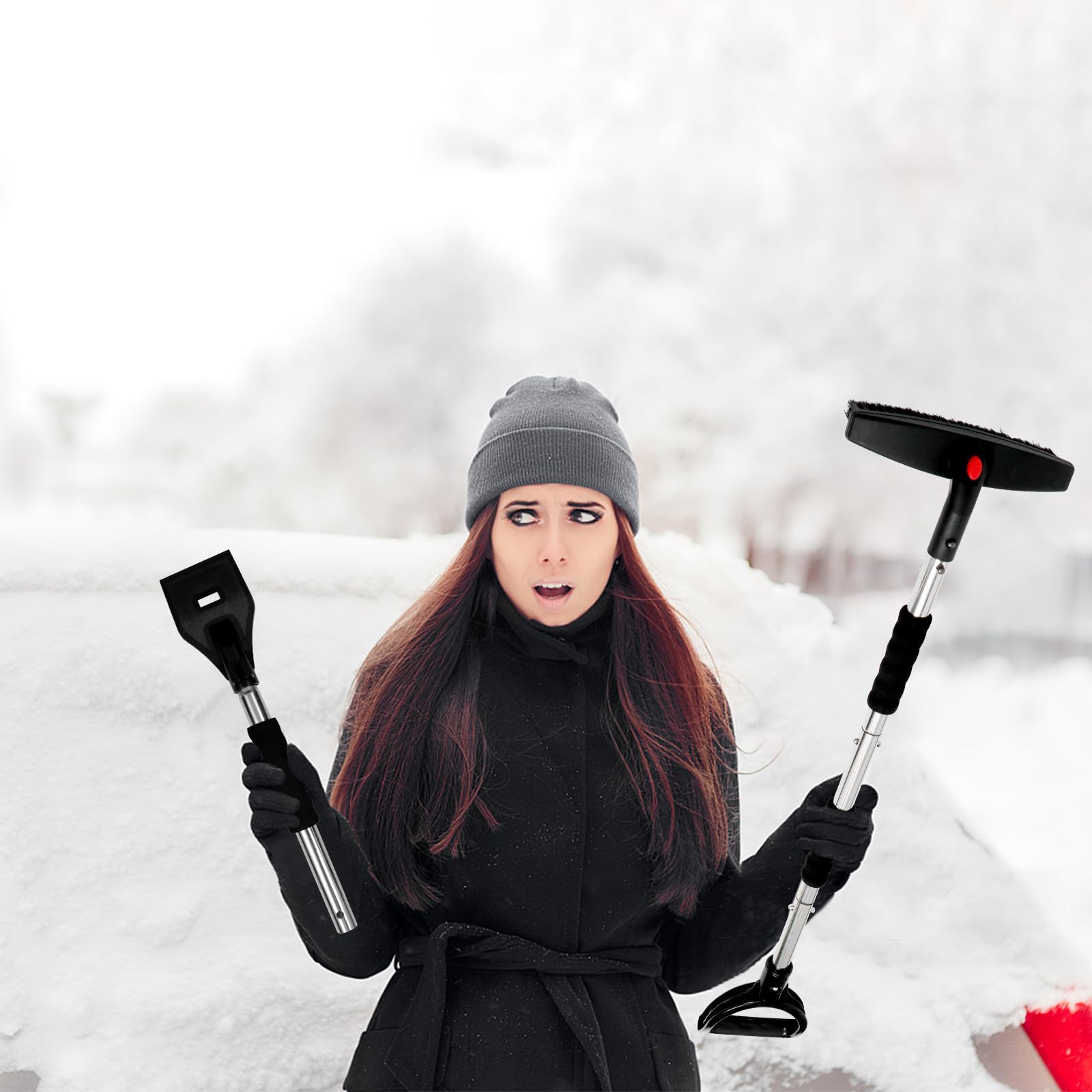 Ciieeo Fahrzeug Eiskratzer Schneeschaber aus Edelstahl Schwarz Teleskopisch rutschfest für Auto Winter Schnee und EIS
