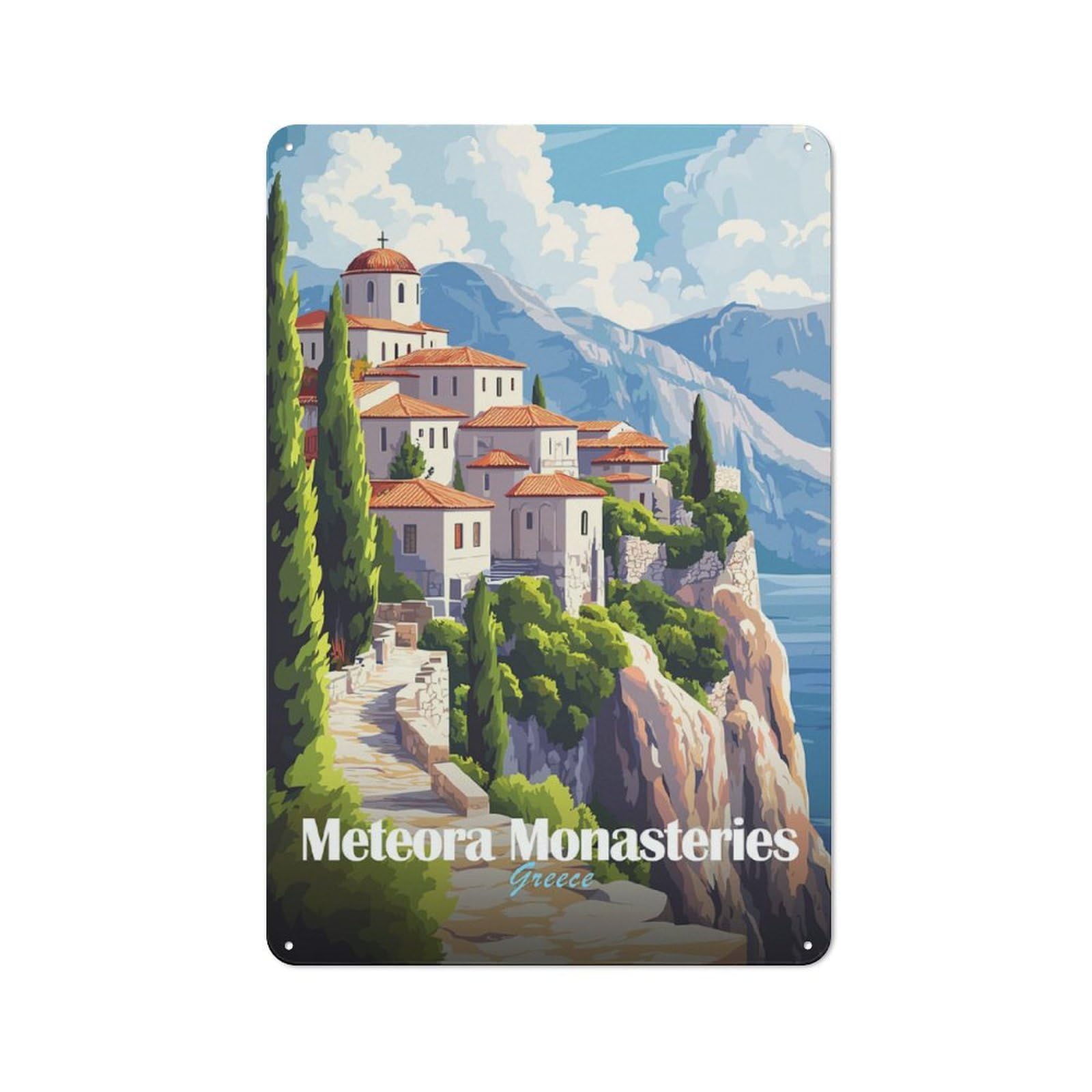 Meteora Monasteries Greece Vintage Tin Wall Plaque 30x20cm for Studio Or Craft Room, for Garage, Workshop And Man Cave Decoration