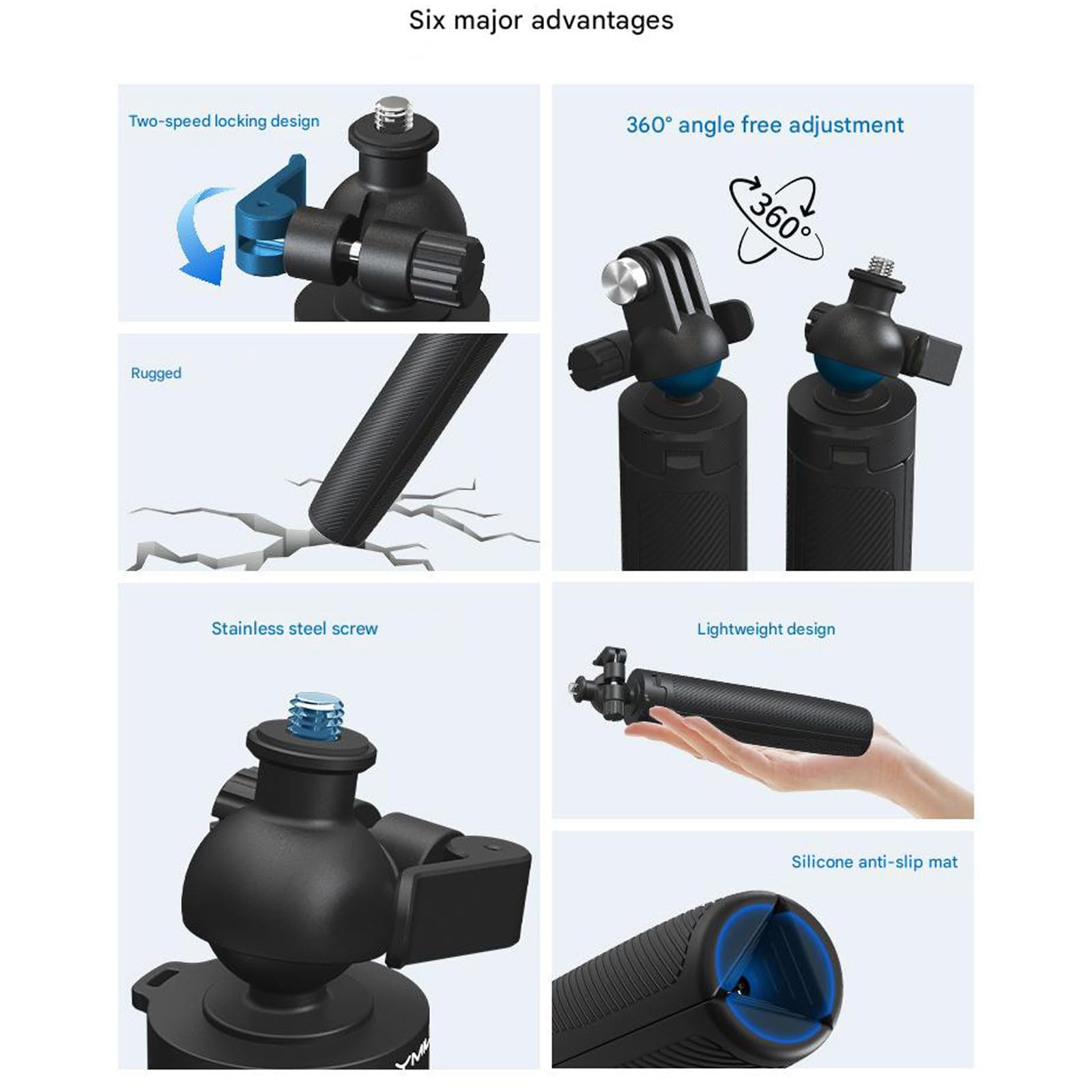 Treppiede portatile per action camera con testa a 360 gradi e gambe telescopiche selfie stick