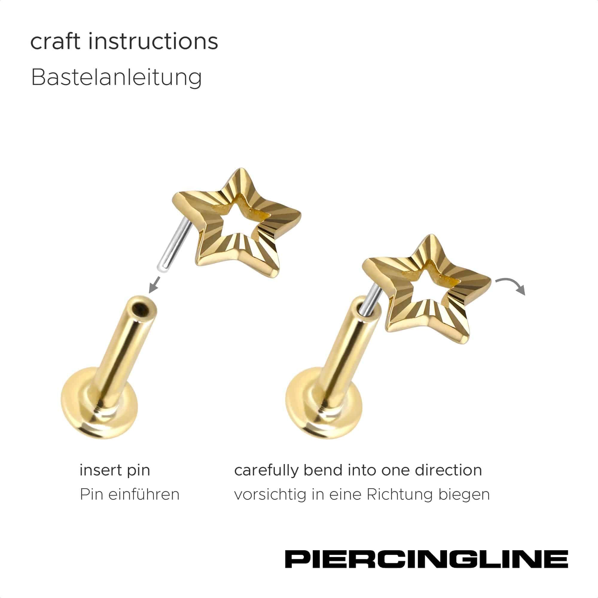 PIERCINGLINE Piercing Stecker 14 Gold Labret mit Push Fit STERN 585er Gold - Roségoldfarben, Goldfarben, Silberfarben