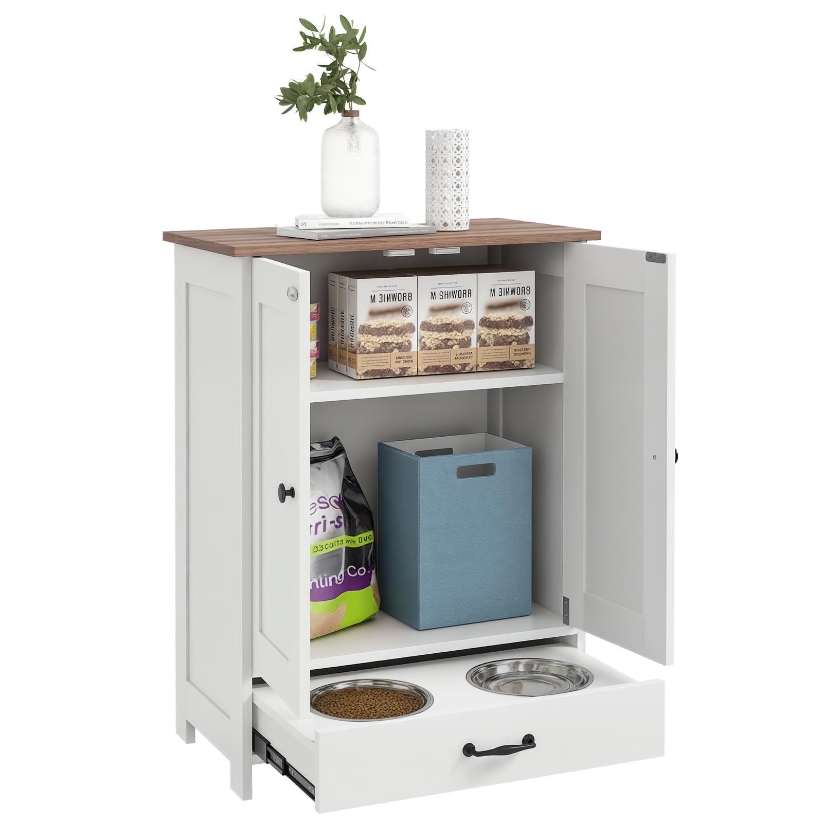 PAWHUT Dog Feeding Station with Storage, Pet Feeding Station with Dog Bowls in White