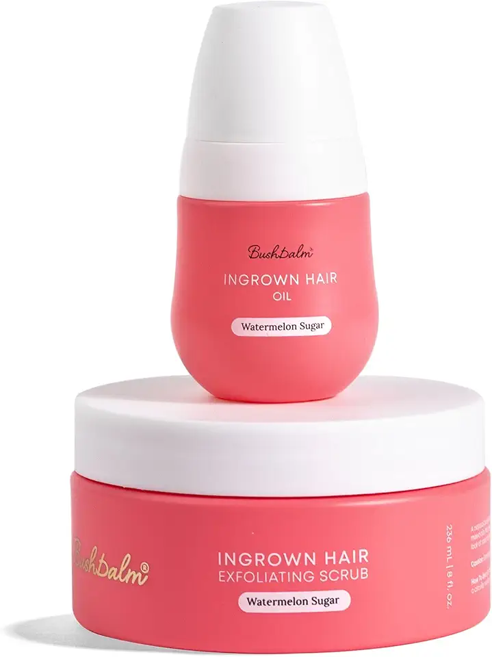 Bushbalm Ingrown Hair and Razor Bumps Routine - Moisturize and Soothe After Shave Skincare for Sensitive Areas - Includes Ingrown Hair Oil (30 ml) and Exfoliating Scrub (236 ml) - Watermelon Sugar