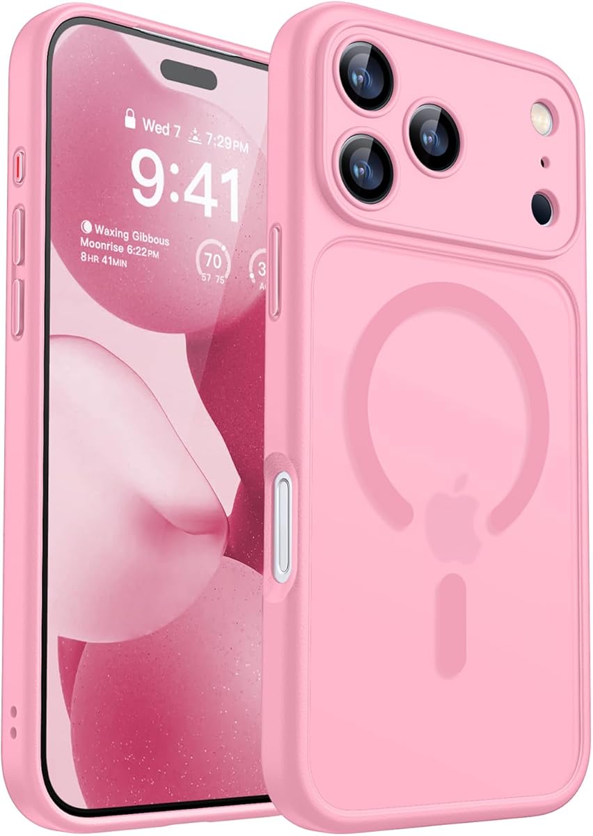 CANSHN Magnetic Compatible with iPhone 17 Pro Case, Upgraded [Full Camera Protection] [Compatible with Magsafe] [Translucent Matte] Shockproof Protective Phone Cover 6.3 Inch - Pink