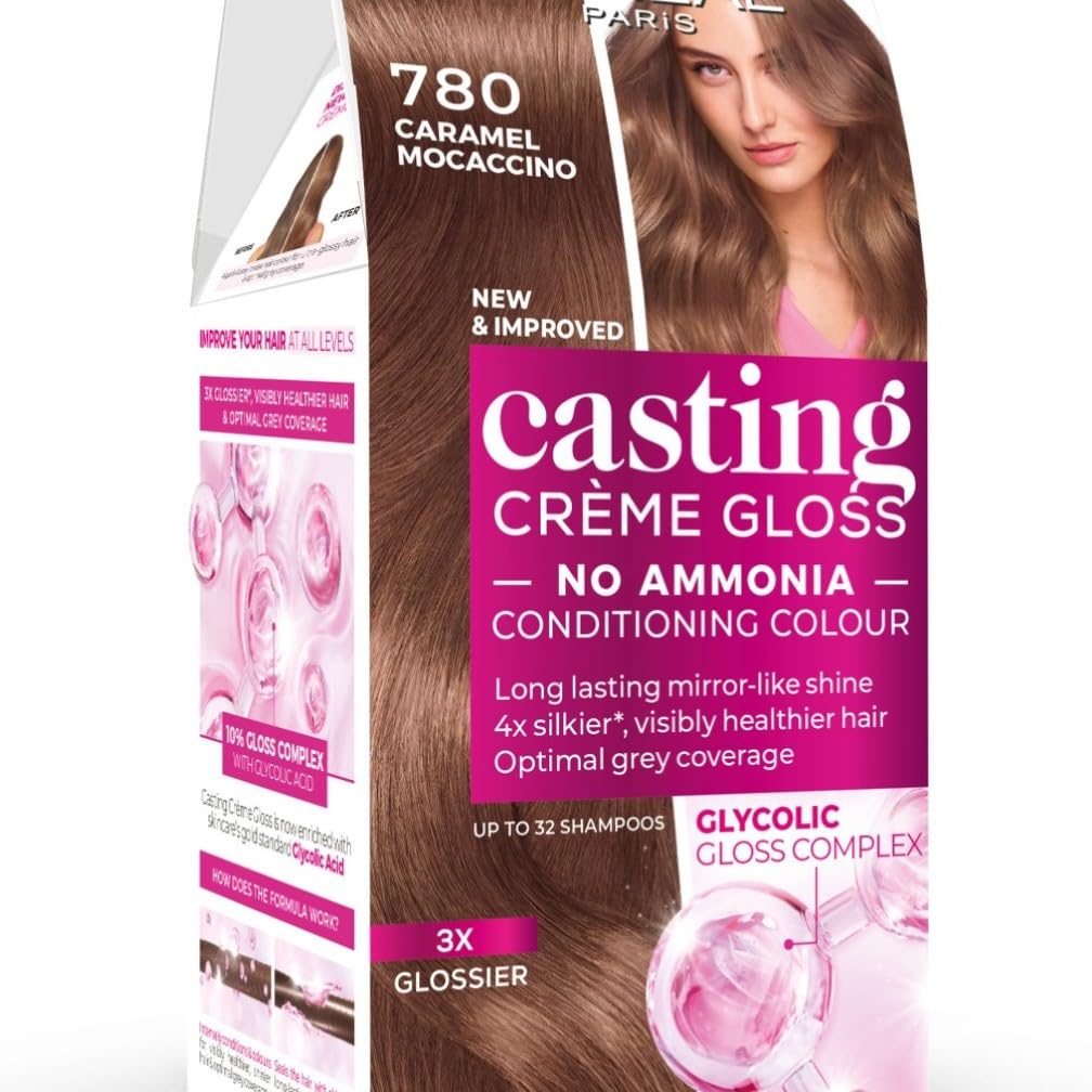 L’Oréal Paris Ammonia Free Semi-Permanent Hair Dye, 780 Caramel Moccaccino, Natural Looking Finish, For up to 28 Shampoos, Casting Crème Gloss, 1 Application