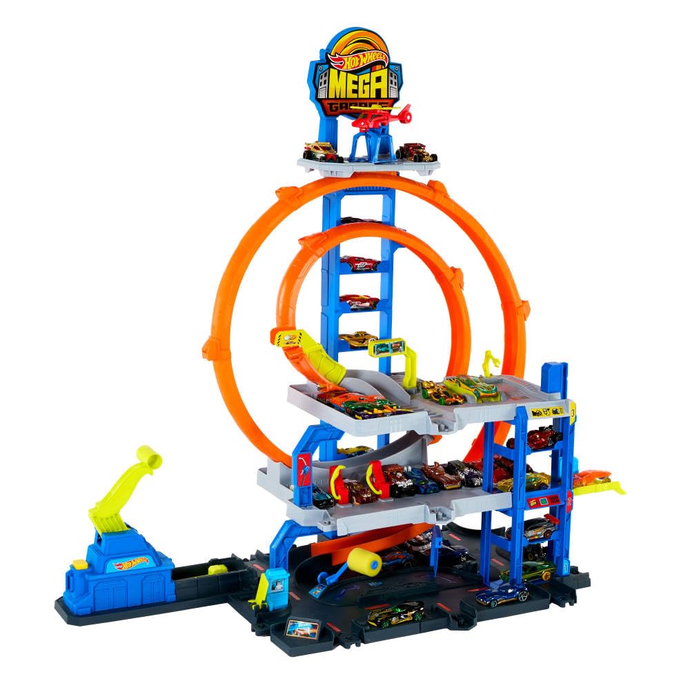 Hot Wheels Mega Loop Garage zestaw torów z autem i helikopterem | Zestaw z metalowym pojazdem i helikopterem, 2 pętle, miejsce na 36 aut 1:64, złączki Speed Snap, JLC05