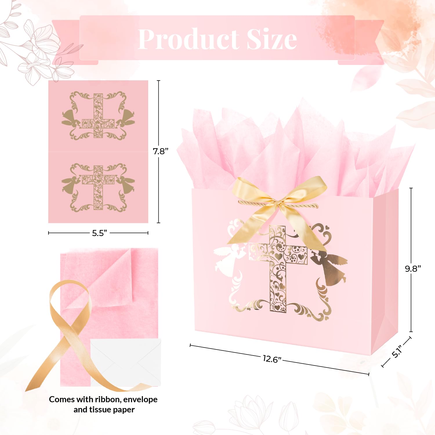 ysmile Baptism Gift Bag with Tissue Paper for Girl Pink Cross Gift Bag for Christenings First Communions Religious 12.6"