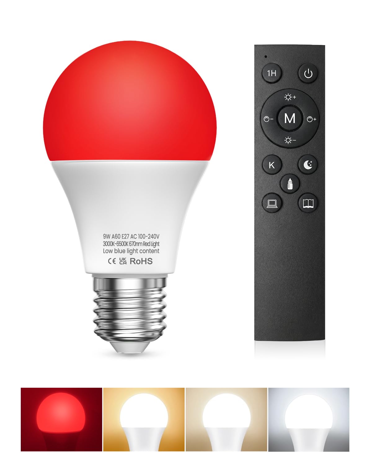 E27 LED Light Bulbs with Remote Control, LED Red Light Bulb 9W 60W Equivalent Blue Light Blocking Bulb, 3000K-6500K+670nm Red Night Bulb for Bedroom, Nursery, Reading & Sleep Health, 1Bulb & 1Remote