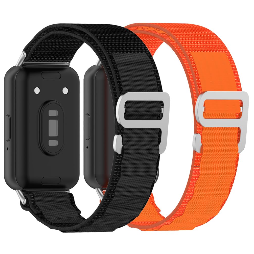 YOFUNTLE [2 Pack] Nylon Straps Compatible for Samsung Galaxy Fit 3 Bands, Men Women Alpine Loop Adjustable Metal C-Hook Sport Strap for Galaxy Fit3 Smartwatch (Black+Orange)