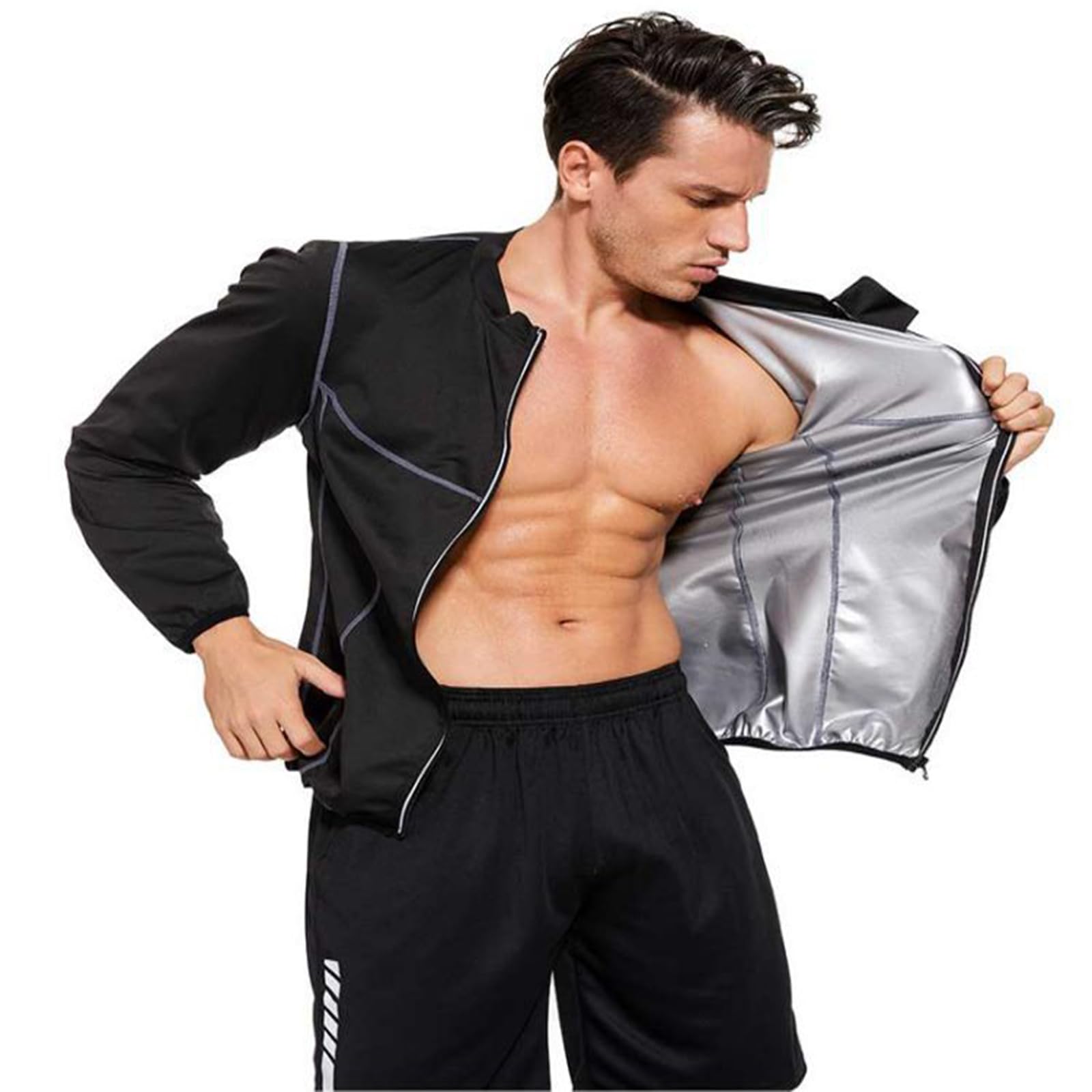 Saunaanzüge, Schwitzanzug Zum Abnehmen, Sauna Suit Saunajacke Schwitzeffekt Schwitzjacke Body Shaper Fett Zu Verbrennen Abnehmen Trainingsjacke Sweatsuit Boxen Fitness Laufen Herren,L,Black