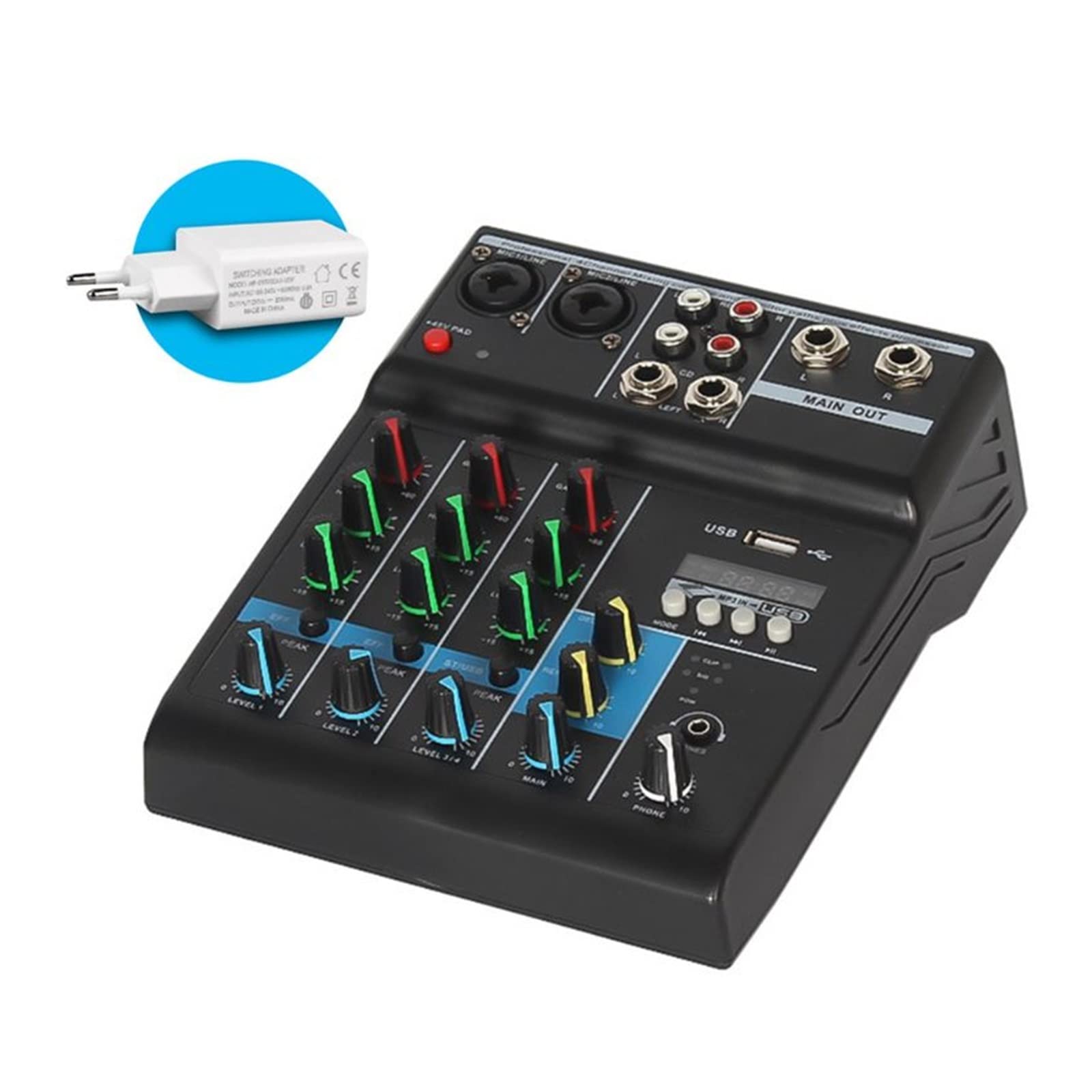 Mikser dźwięku stereo, konsola audio, 4-kanałowa konsola miksująca dźwięk Bluetooth do interfejsu DJ-a, cyfrowy stół, nowa karta, jakość dźwięku