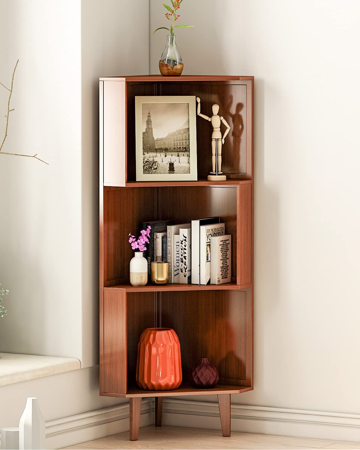 Photo 1 of Bamworld 3-Tier Bookshelf Corner Shelf Bookcase Shelf Storage Organizer Corner Ladder Shelf for Living Room, Kitchen, Home Office