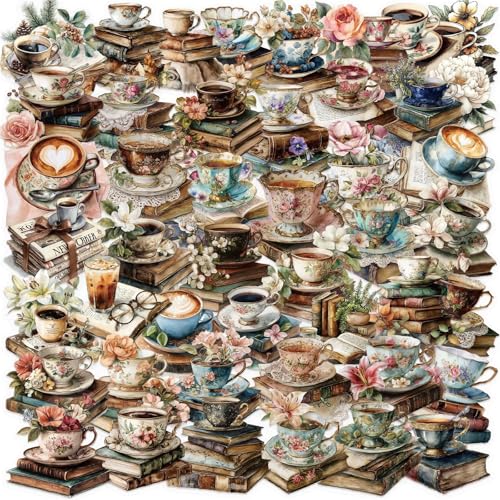 Image of 50 PCS Vintage Coffee Book Stickers for Scrapbooking Journaling Junk Journal Supplies -Retro Reading Sticker Waterproof Transparent PET Aesthetic Decals for Resin Crafts Decorative Art Crafts (Read)