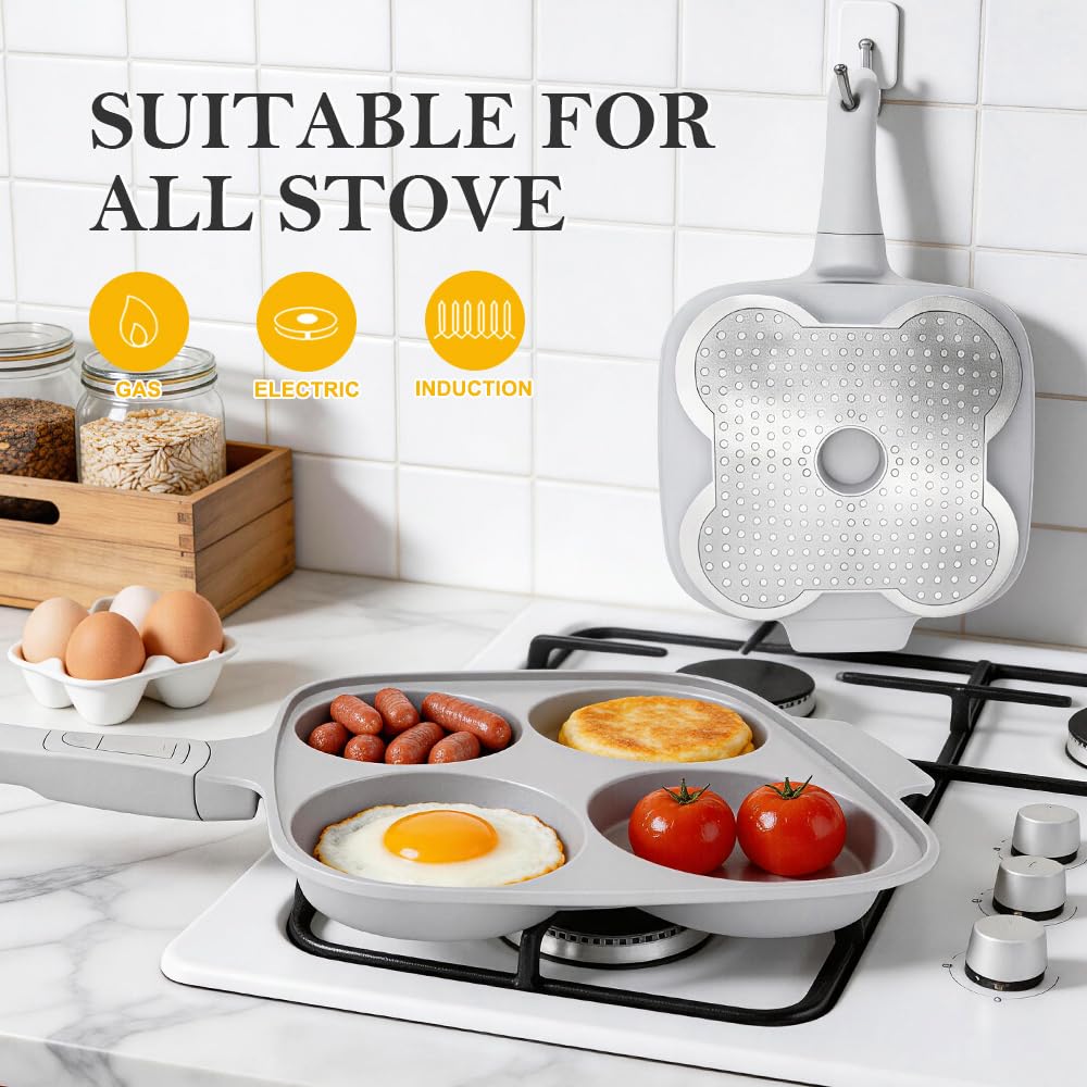 RANX INGST Sartén Grande para Huevos Fritos con Tapa 26 x 24 cm, Sartén Tortitas con Mango Extraíble, Revestimiento Cerámico Antiadherente, Sarten Tortilla de Aluminio para Desayuno, Blanco