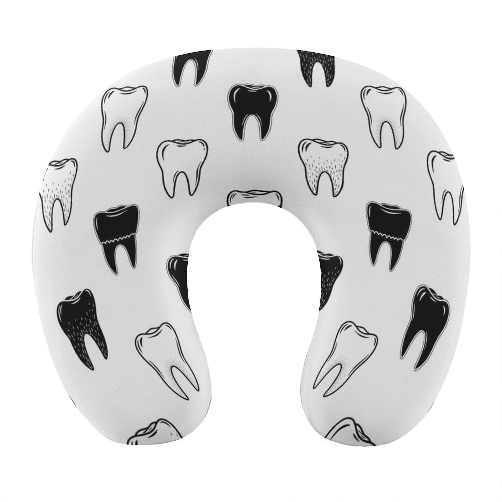 Pain Relief Travel Neck Pillow Dentistry Teeth Pattern White, Memory Foam U Shaped Support, Breathable Zip Cover for Airplane Car Office Men Women