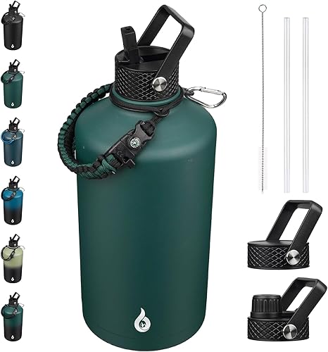 Miniatura 9 de BJPKPK Botella de agua de 1 galón aislada con tapa con pajita, 50oz, 64oz, 87oz, 128oz grande, botellas de agua de acero inoxidable con 3 tapas y