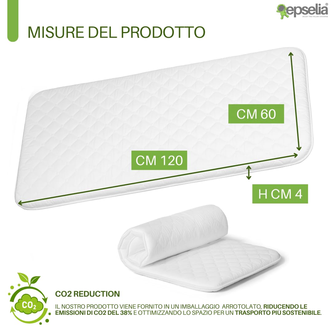 EPSELIA Materasso Lettino per Bambini Arrotolabile e Bordato per Viaggio o Campeggio, cm 60x120 H4 Certificato Antisoffoco EN16890:2017 Poliuretano CertiPUR™ OEKO-TEX®