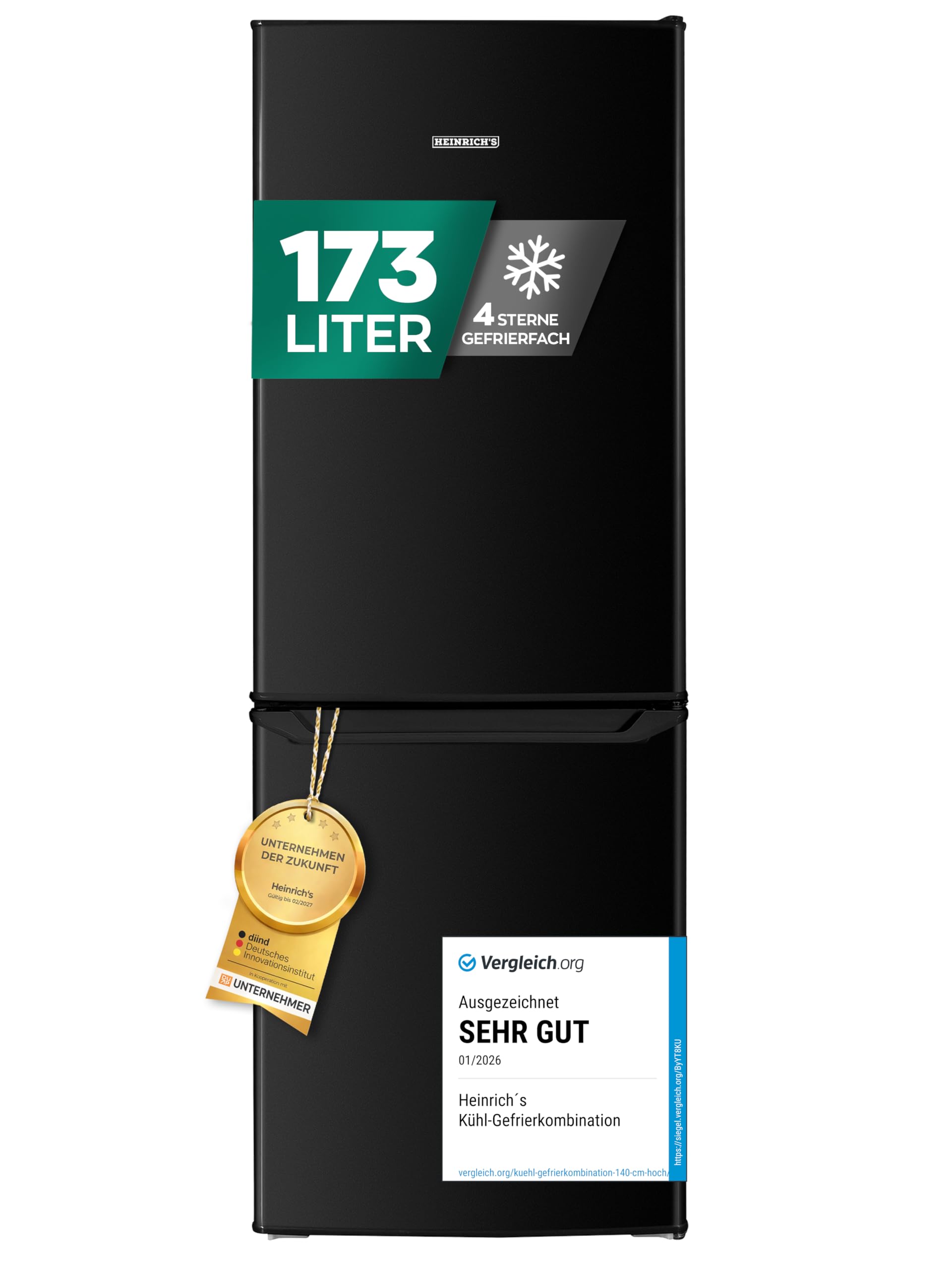 Heinrich´s Kühlgefrierkombination 173L Gesamtvolumen, 121L Kühlvolumen 52L Gefriervolumen,LED Beleuchtung,Türanschlag wechselbar, leise 40dB, große Tiefkühlboxen, 7Temperaturstufen, schwarz