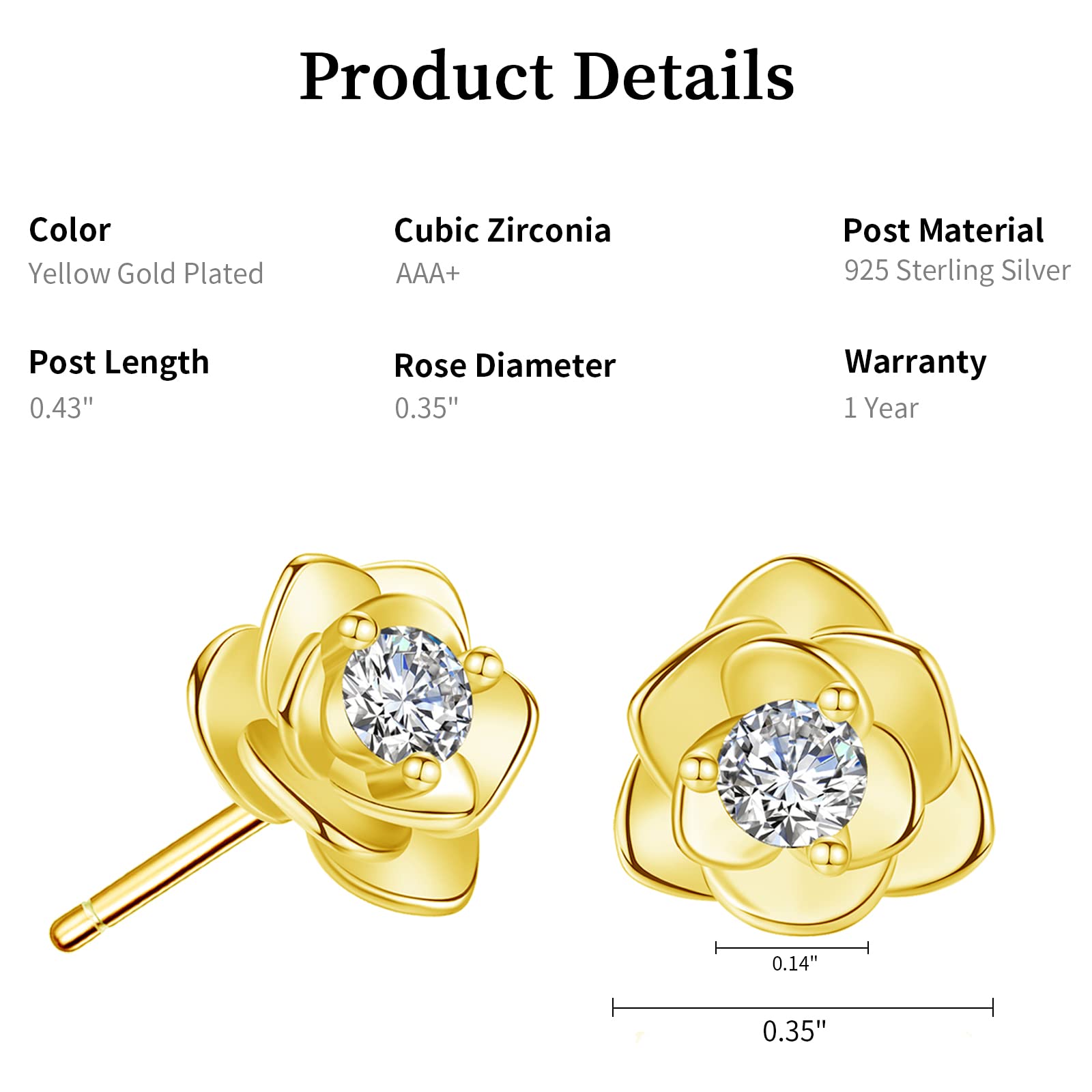 Rose Gold Heart Stud Earrings - Dainty Small Earrings for Women, Great for Holiday Dating Shopping and Daily Wear: 8.8mm Gold--Rose Flower Earring