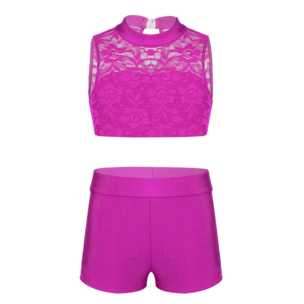 Kaerm Big Girls Floral Lace Athletic Outfit Mock Neck Keyhole Back Crop Top with Booty Shorts Gymnastics Dancewear
