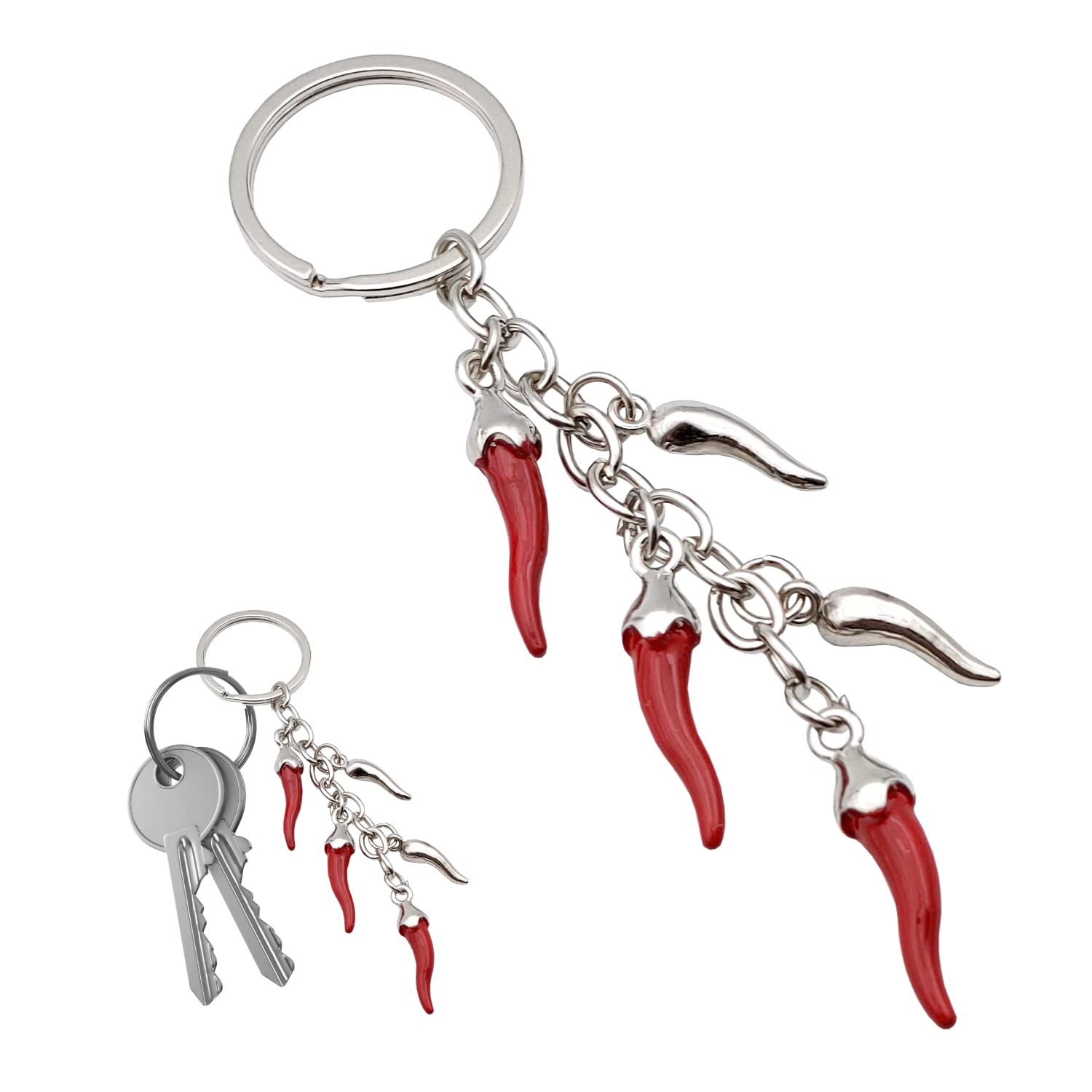 Powersell Unisex 5 Cones Keyring With Pendants Enamelled In Horn Shape Scaramantic Lucky Charm - Neapolitan Horns Men Or Women, Scaramanzia - Cornicello Amulet Chili Naples, Medium