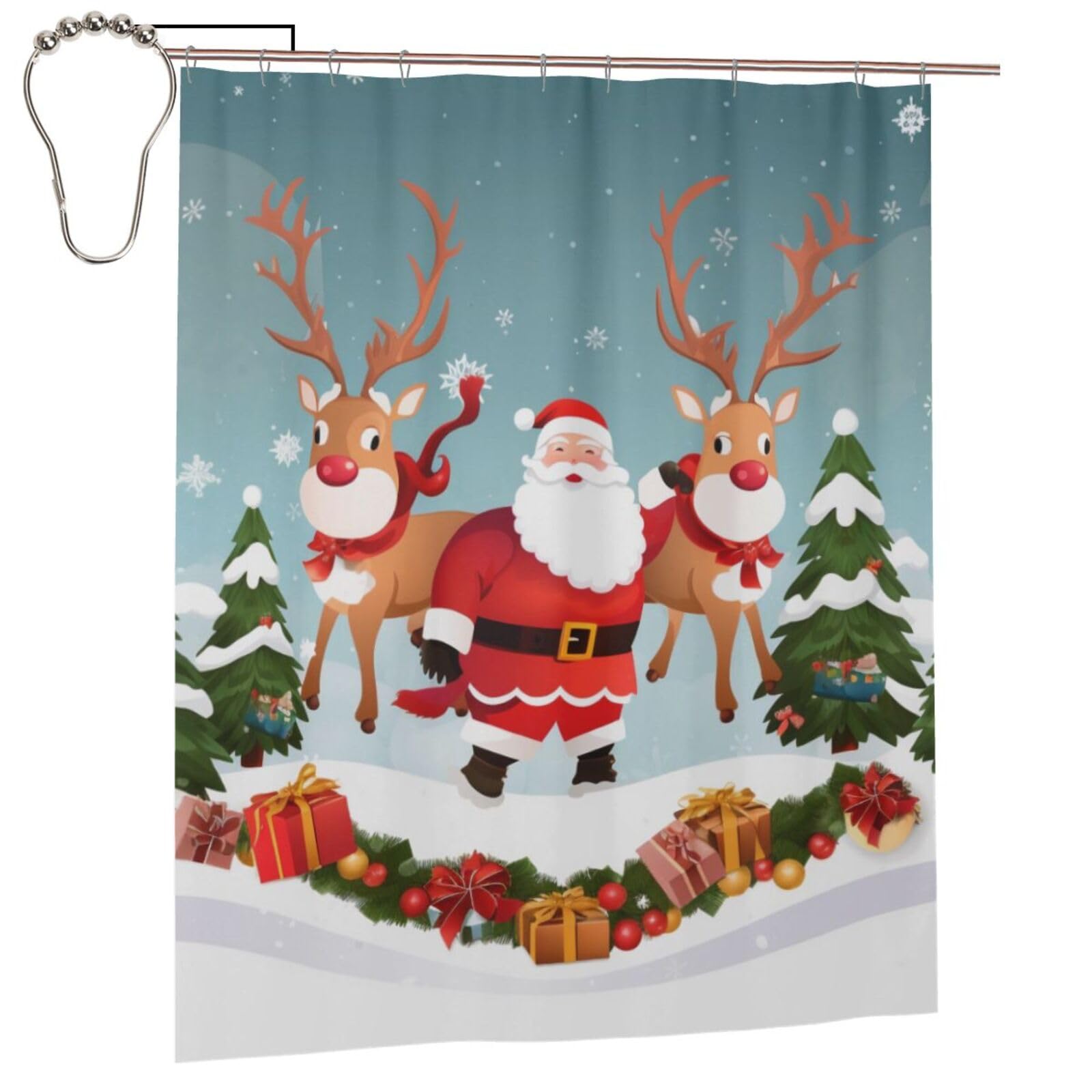 BWWHCCTI Merry Christmas Printed Shower Curtain With 12 Iron Hooks Opaque Quick Drying Waterproof Shower Curtains Sets For Bathroom 152x183 Cm