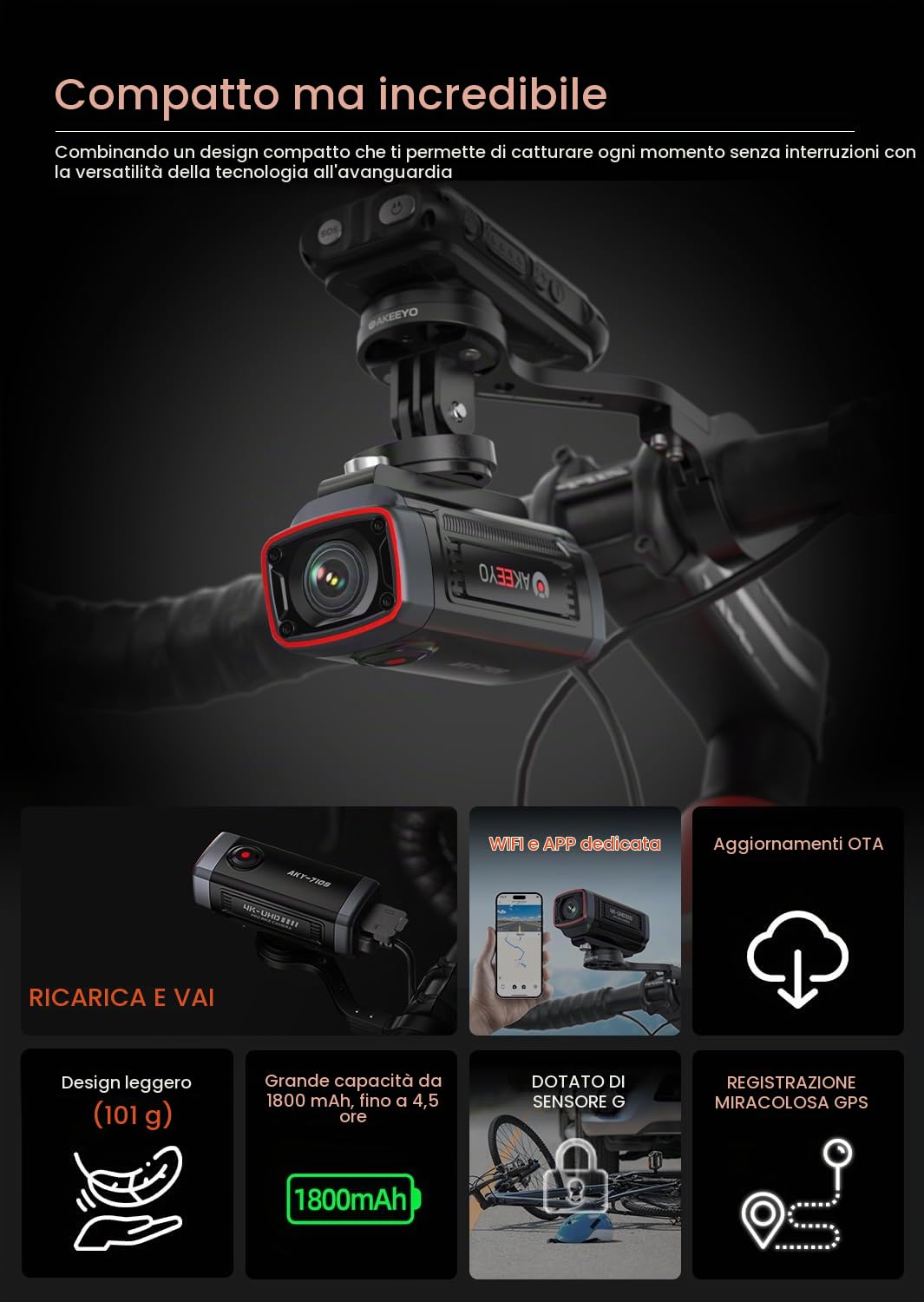 AKY-710S Telecamera per Bicicletta con Supporto, 4K 28fps, 2K 55fps, Grandangolo 142°, IP67, 5MP, Registrazione in Loop e di Emergenza, Monitoraggio del Parcheggio,Sport All'aperto, Scheda da 64 GB