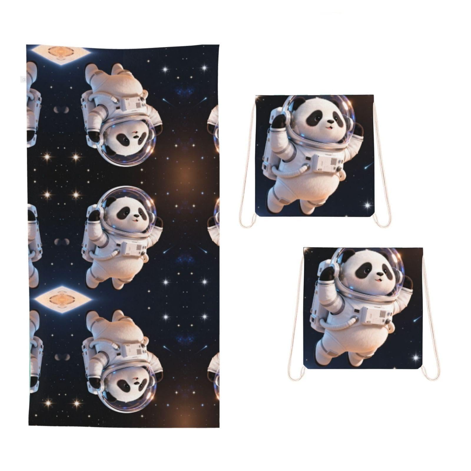 CNTDBU Panda Astronaut Space 2 in 1 Packable Towel Bag-Large Beach Towel with Stuff Sack, Super Absorbent Microfiber Travel Towel for Pool