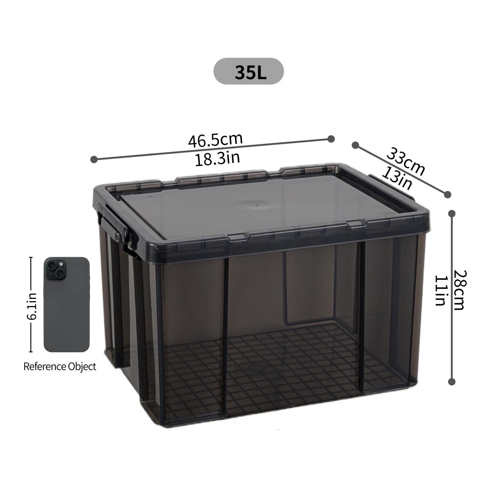 Cetomo 35 l x 3 pudełka do przechowywania, z pokrywkami, wytrzymały pojemnik z pokrywką ze wzmocnionymi narożnikami, pionowe boki i zamknięcie na klips, trwałe, plastikowe, przezroczyste czarne, 35 l