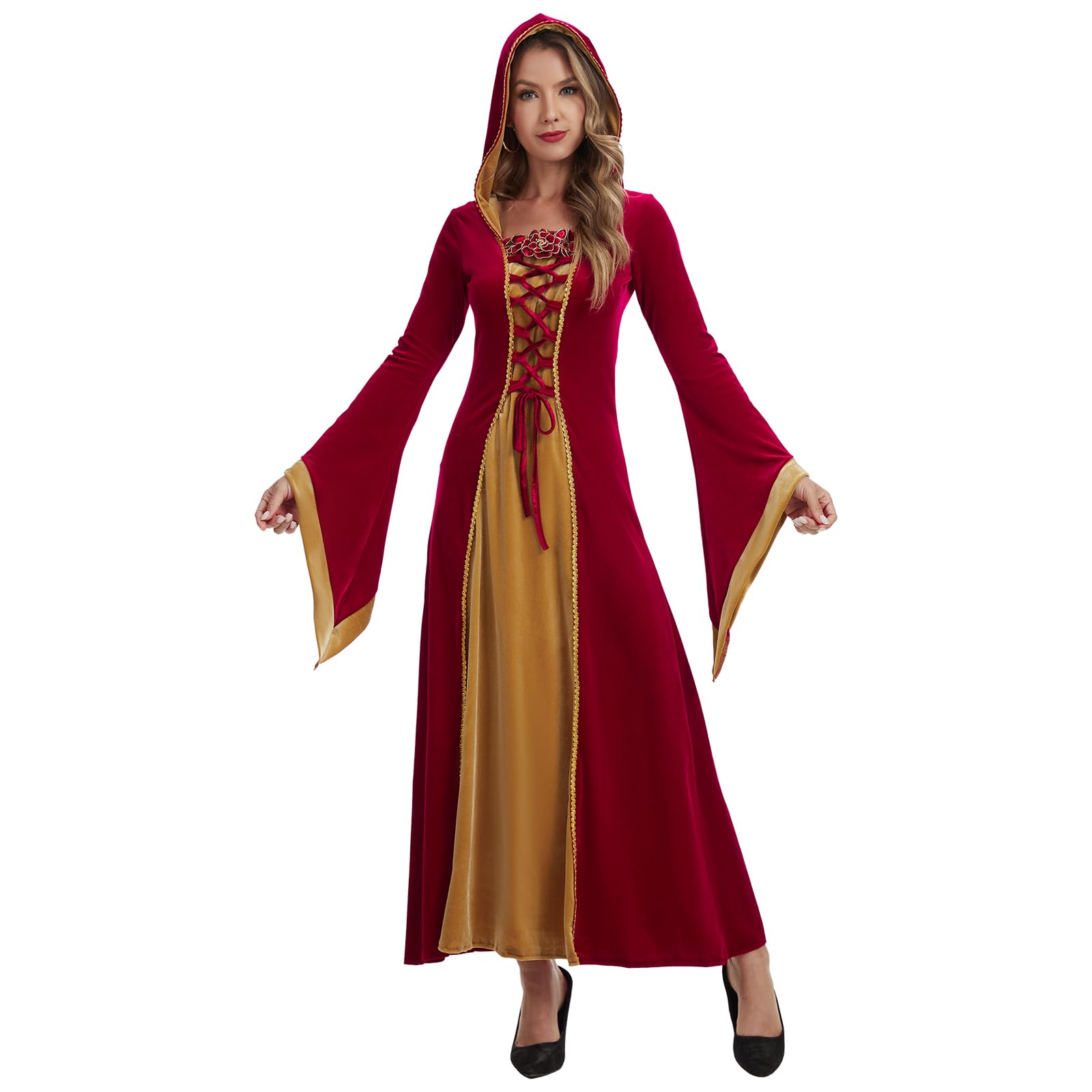 rumnigh Medieval Women's Hooded Dress Renaissance Vintage Velvet Victorian Costume Dress for Halloween Carnival Party (Red, L)
