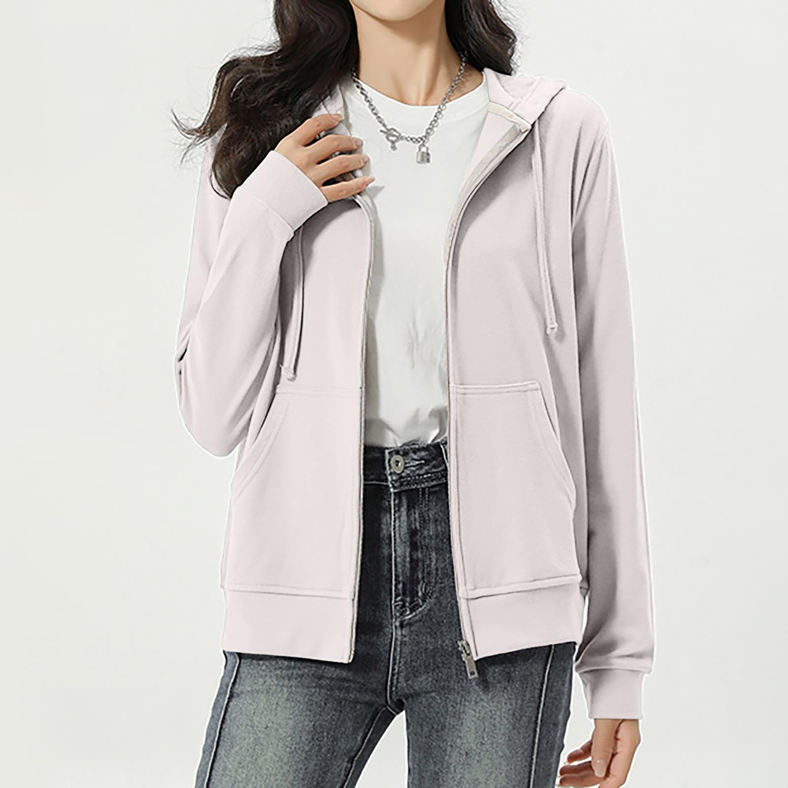 Generisch Felpa con cappuccio e cerniera, casual, a maniche lunghe, leggera, comoda e morbida, taglie forti, da donna