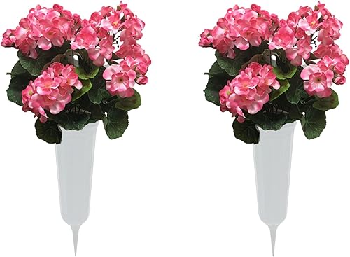Arbusto de geranios artificiales de seda realistas para macetas al aire libre, tumbas de cementerio y memoriales, arreglos (4, rosa)