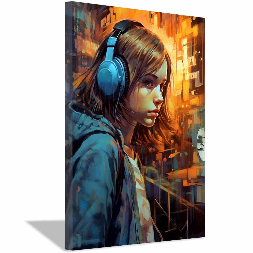 TERUEA Quadro su Tela arte Stampe da Parete, Amante Musica Astratto Cuffie ritratto, immagine femminile per camera da letto delle(Blu)-60x90cm Incorniciato