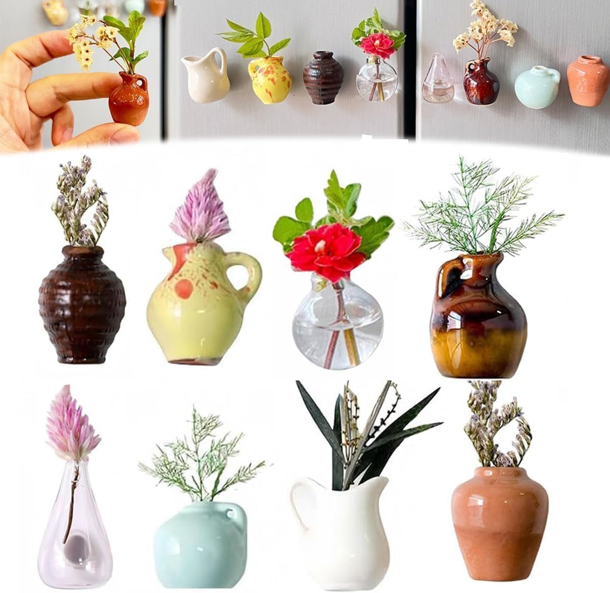 8er-Set Mini Vase Magnete Für Kühlschrank - 3D Harz Vasen Für Kunstblumen - Lustige Kühlschrank Deko