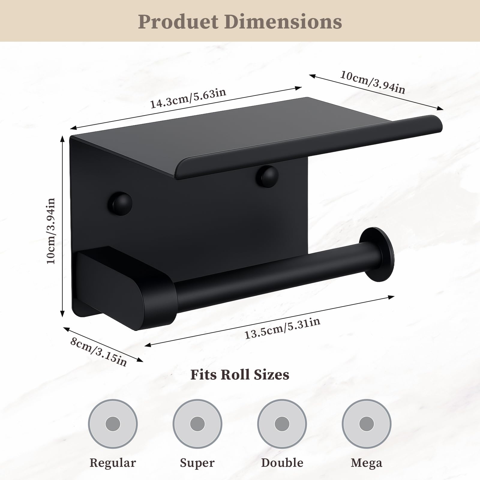Black Toilet Paper Holder with Shelf - Rustproof Stainless Steel Wall Mount or Self Adhesive Bathroom Tissue Roll Holder - Fits Mega Rolls, for Bathroom, Washroom, Kitchen & RV Decor — Amazon image 4