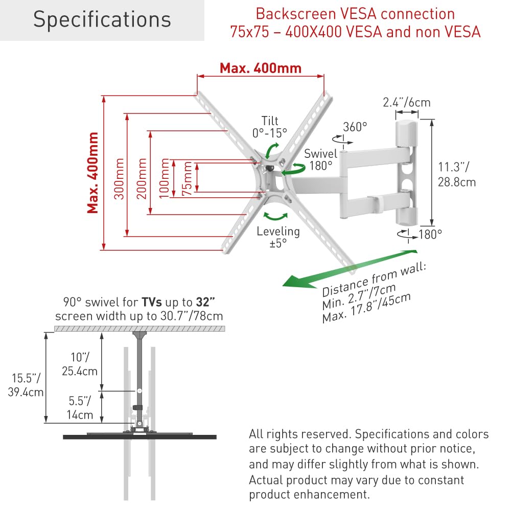 Barkan Soporte de Pared Blanco para TV, articulado de Movimiento Completo de 13 a 65 Pulgadas, Soporte de Pantalla Plano y Curvo, soporta hasta 88 Libras, Patentado, garantía Limitada de por Vida,