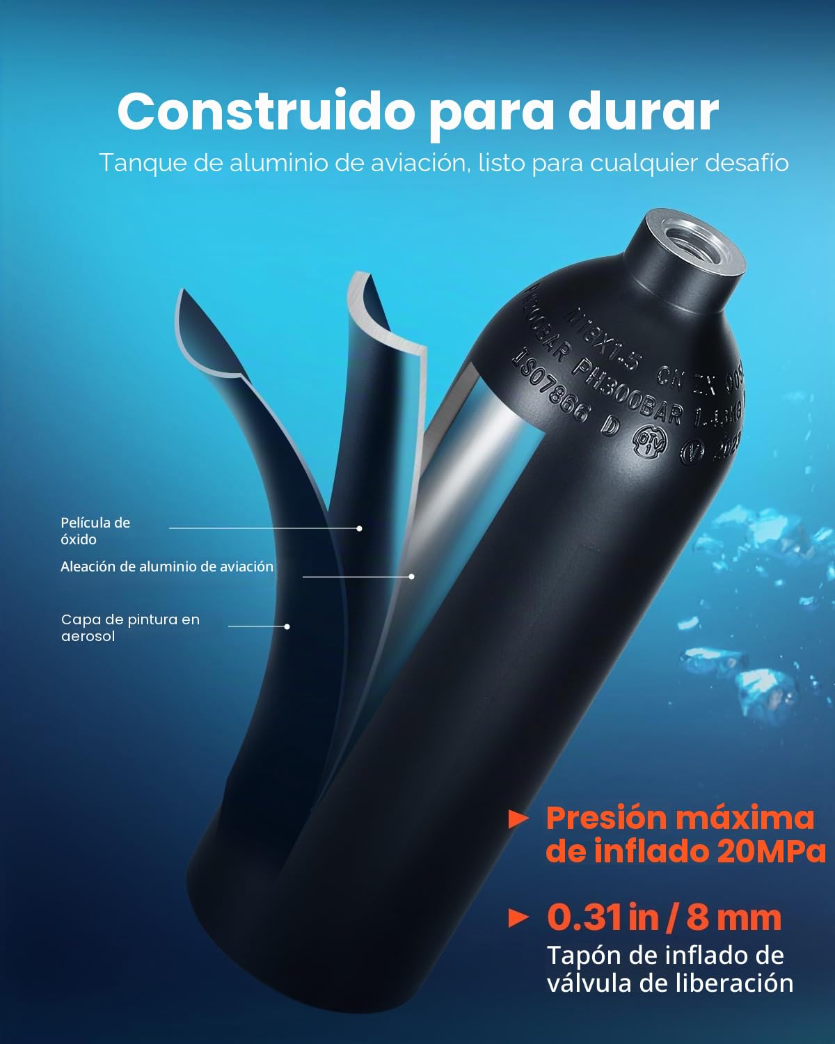 VEVOR Tanque de Buceo Portátil 1 L, Cilindro de Oxígeno para Buceo Que Permite Respirar bajo el Agua 15 a 20 Minutos, Profundidad de Buceo de 30 m, para la Exploración Subacuática, 89 x 360 mm