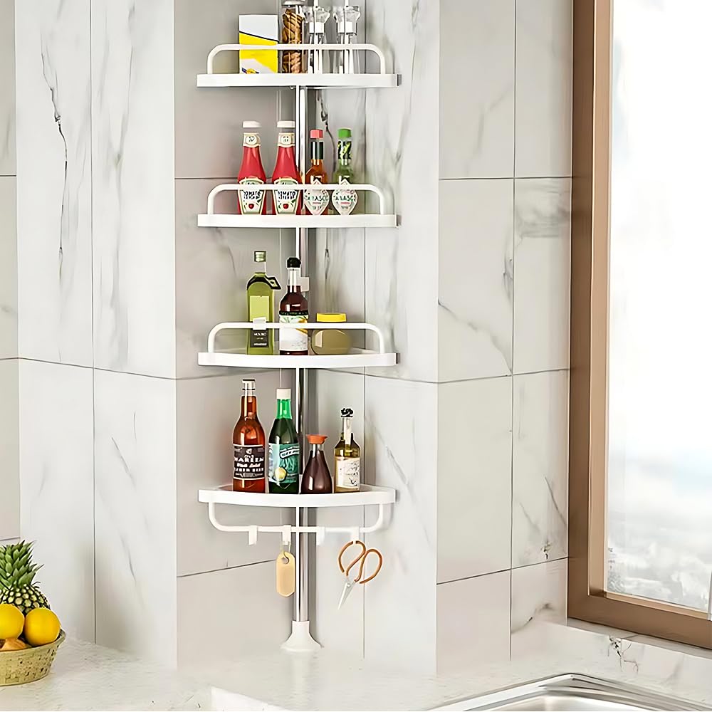 LANTUS Étagère de Douche Réglable en Hauteur, Étagère de Salle de Bain, Rangement Salle de Bain Télescopique, Hauteur Totale, en INOX, 4 Niveaux, 1 Porte-Serviettes (254-304 cm (Plastique) Blanc)