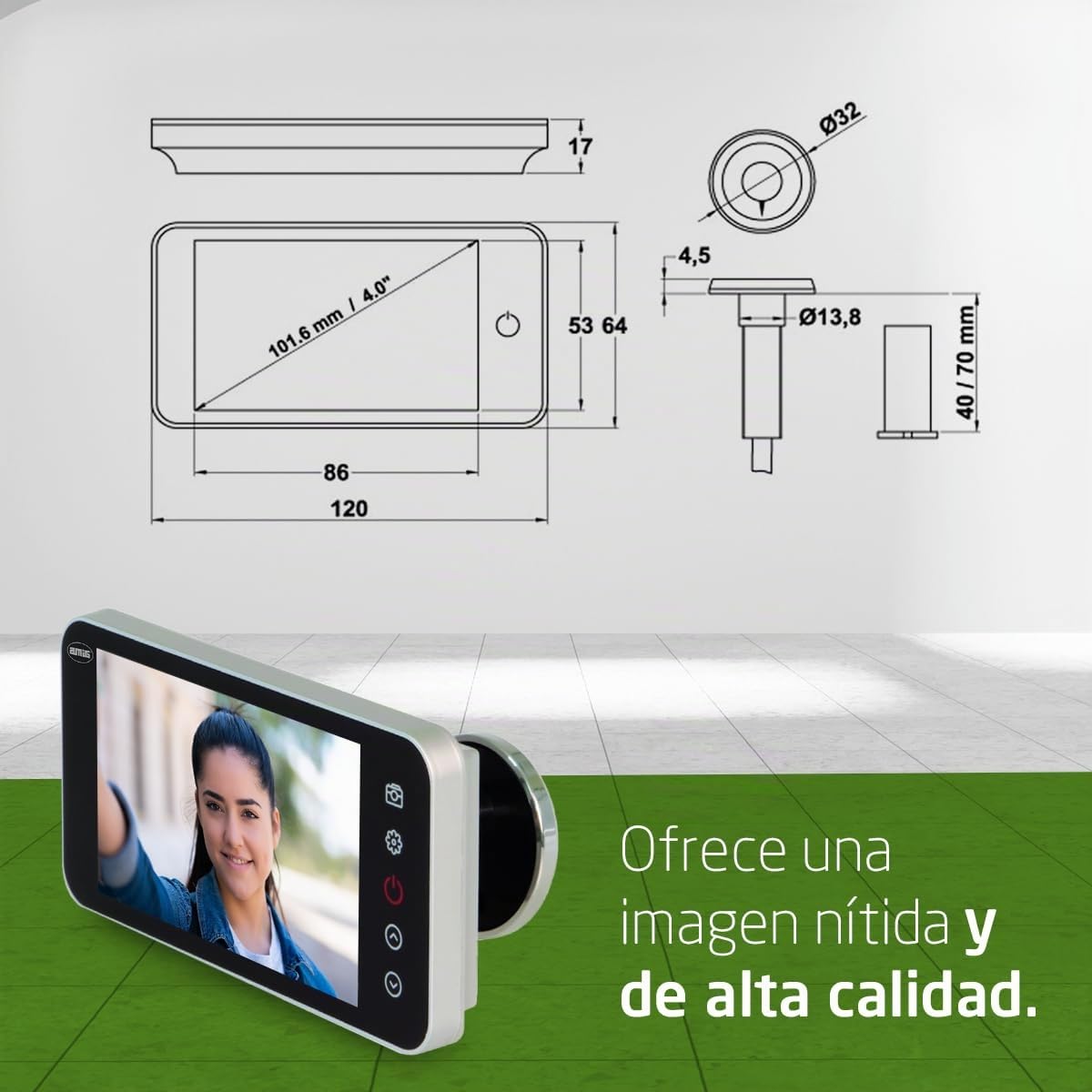 Amig - Mirilla Digital para Puertas - Pantalla LCD 4" TFT - Ángulo de Visión: 160° - Imágenes Claras - De Fácil Instalación y Uso - Color: Plata