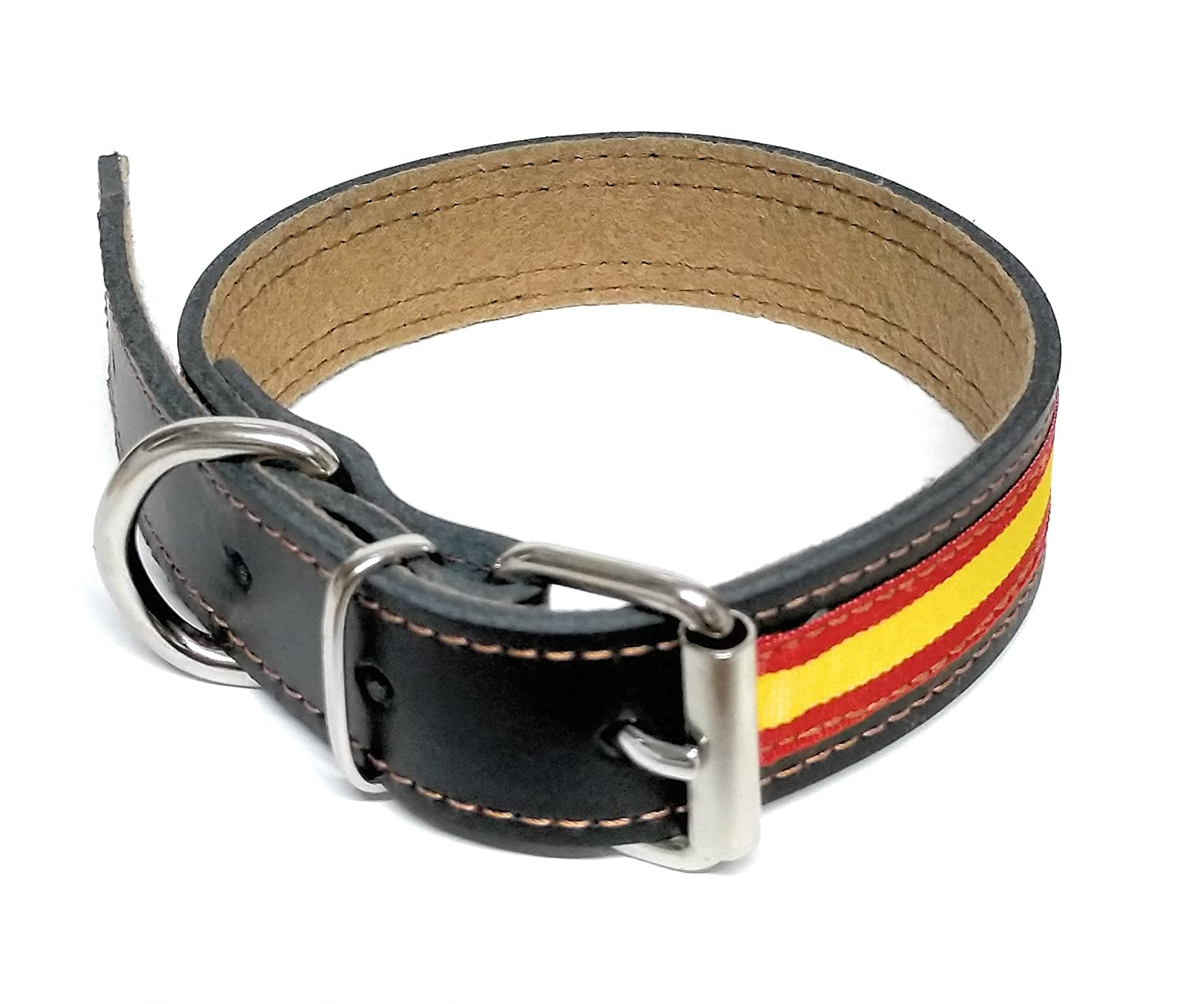 Collar De Cuero Para Perros | Collar Perro | Collar Piel | Collar Bandera España (MEDIANO - CONTORNO DE 32 A 42 CMS.)