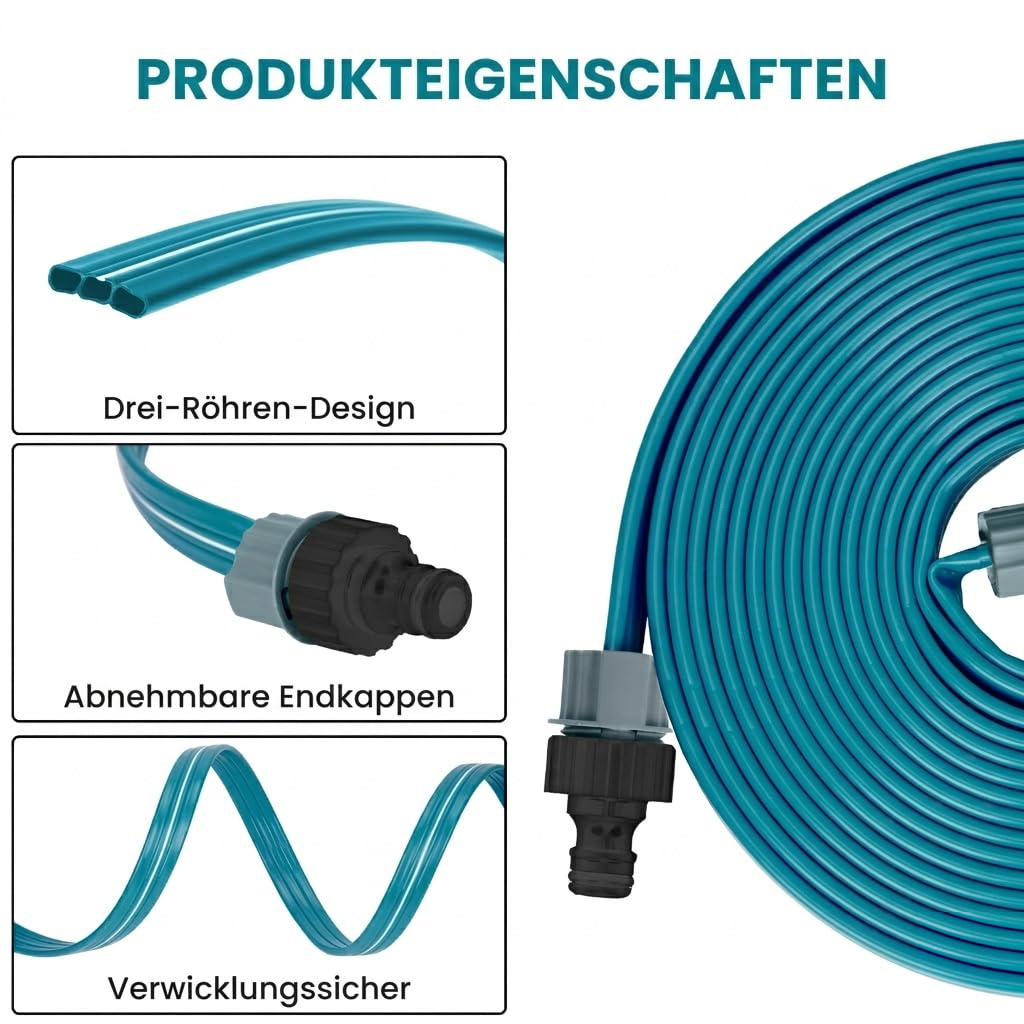Schlauchregner Sprühschlauch 15 m, Bewässerungsschlauch mit Löchern für feinen Sprühregen, ideal für Rasen, Beete und Hecken, wassersparende Gartenbewässerung