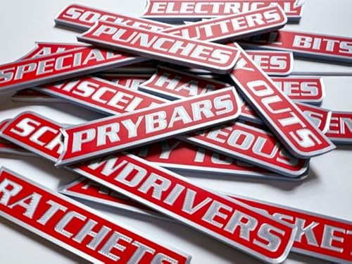Colky Magnetic Toolbox Organizer Labels – (Silver Edition) Tool Chest Badges for Drawers, Cabinets & Tool Boxes – Fast, Clean Organization for Steel Tool Storage (Red)
