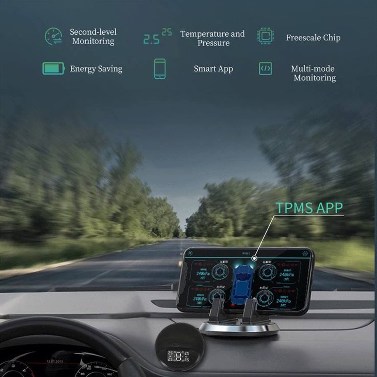 Mini Sistema di monitoraggio della Pressione dei Pneumatici TPMS, sistemi di monitoraggio della Sicurezza Wireless con 4 sensori Esterni, Controllo App Intelligente/Display LCD Digitale/r