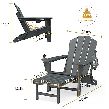 Poly Lumber Adirondack Chairs Set Of 2, All-Weather Resistant Outdoor Patio Chairs, Look Like Wood, Pre-Assembled Outdoor Fire Pit Chair For Pool, Deck, Backyard, Garden, Black