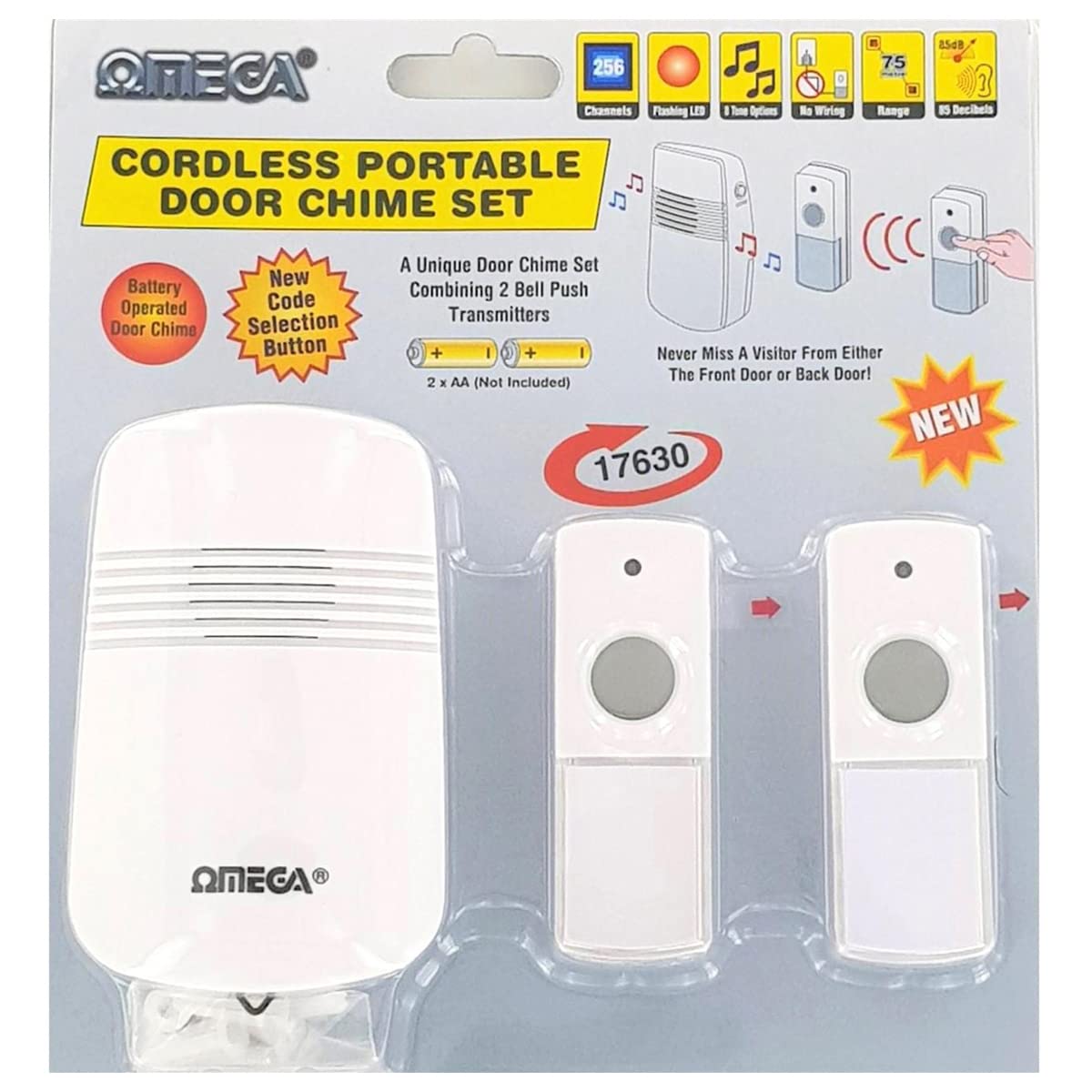 Omega Polished Chrome Door Chime B/O Twin Bell Push Upto75m Range