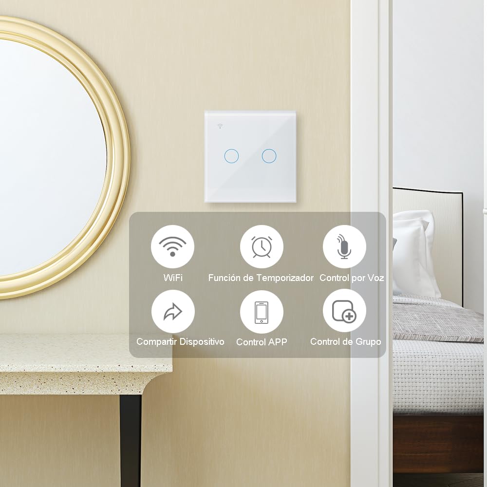 KETOTEK Interruptor Tactil WIFI Inteligente 2 Gang 1 Via Compatible con Alexa, Interruptor Luz Pared Smart Life Tuya App Control Blanco