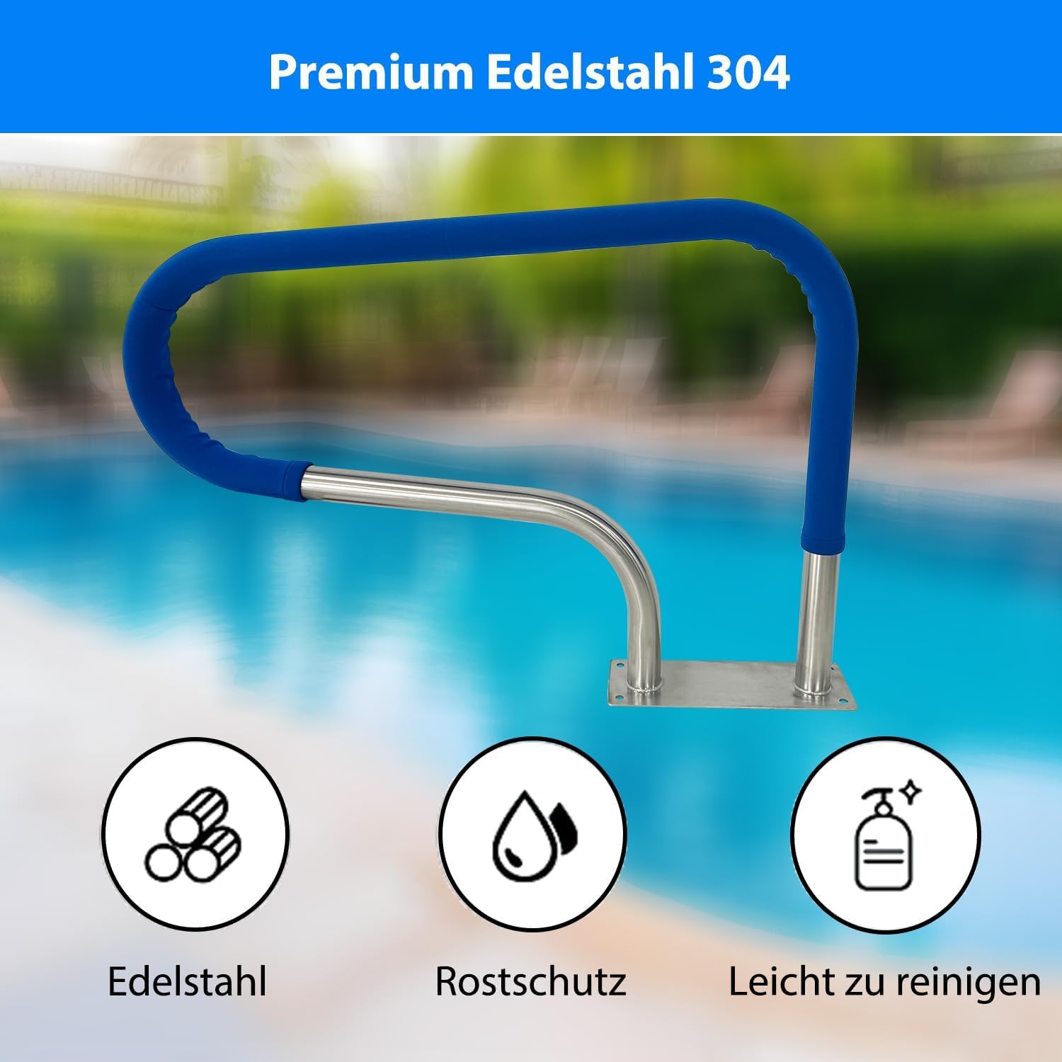 Pool Haltegriff aus Edelstahl V2A, 90x59cm Pool-Handlauf für Einbaupools, Sicherheitshandläufe für Schwimmbäder, Tragkraft 100kg, Pool-Treppengeländer aus Edelstahl 304 mit Griffabdeckung